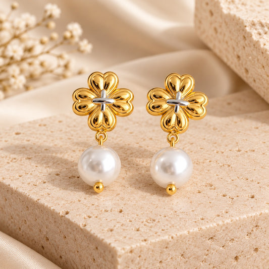 Luxe Petal Pearl Drop Earrings
