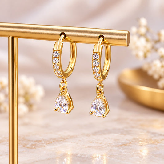 Golden Teardrop Sparkle Hoops Earrings
