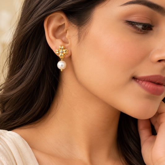 Luxe Petal Pearl Drop Earrings